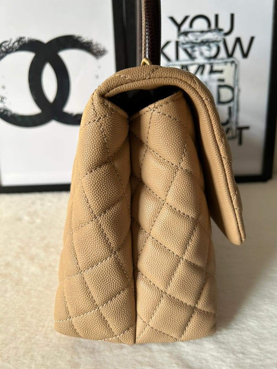 100% AUTH! 🤎 Chanel Medium CoCo Lizard Handle 🤎 Chevron Beige Flap Bag